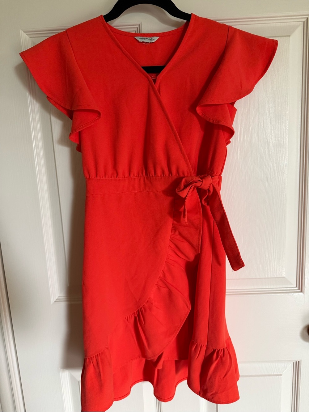 Habitual Girl Bright Orange/Red Ruffle Wrap Dress with Tie Waist